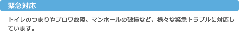 緊急対応：トイレのつまりやブロワ故障、マンホールの破損など、様々な緊急トラブルに対応しています。